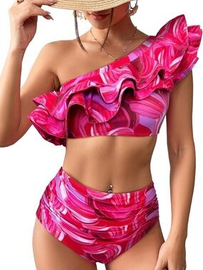 Sporlike High Waisted One Shoulder Ruffle Bikini Pink Red Swirl Size Medium
